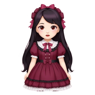 pale  chubby girl , who has long black hair , brown eyes , and doll like makeup , in a burgundy lolita hime gyaru dress  sticker
