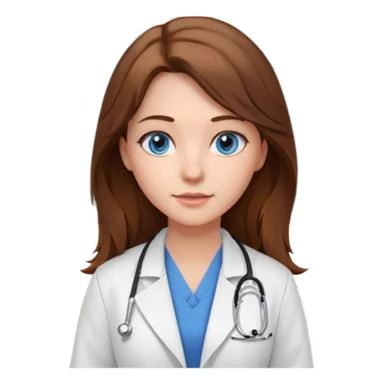 pretty female nursing student with long brown hair, blue eyes inside a classroom at university with blackboard behind her sticker