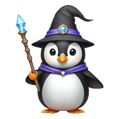 A cute penguin wearing a wizard hat and robe, holding a magic wand sticker