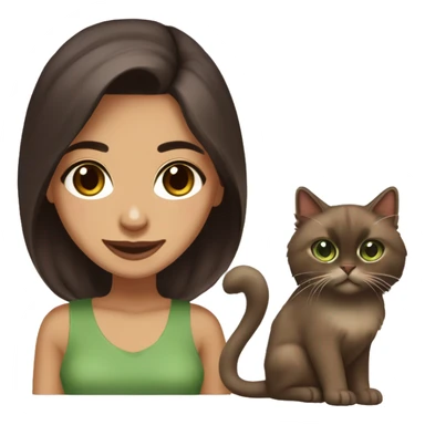 Pretty Persian girl with big brown eyes, lighter olive skin with medium length dark brown hair and full lips smiling, holding her brown ragdoll/siamese cat with a darker brown face and big green eyes  sticker