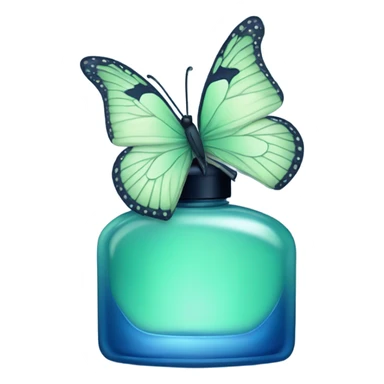  pastel green butterfly resting on an elegant blue perfume bottle with fork dark blue details. sticker