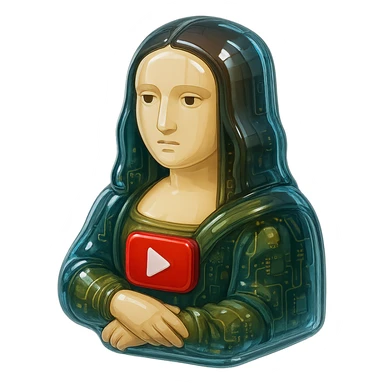 Mona Lisa with a calm or blank expression, no grin or sarcasm, red YouTube play button, glossy circuit style sticker