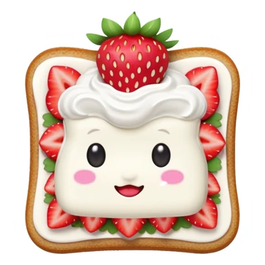 square toast topped with fluffy white cream, decorated with a strawberry bow made from two strawberry halves and a small sliced center, bright red and glossy, Clean soft shading, kawaii emoji style, centered object, no plate, no background, high detail, pastel tone sticker