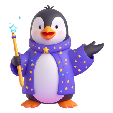 cute penguin wizard with a starry robe and a glowing wand, casting a spell sticker