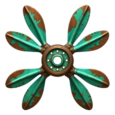 3D render of Ship Propeller, heavily oxidized copper texture, verdigris patina, Bronze blades with green barnacle/rust spots, weathered bronze aesthetic, ancient decay, emoji style, isolated on white background --v 6.0. sticker