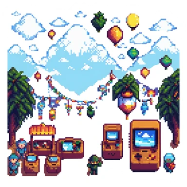 A pixelated festival scene with retro games, pixel art characters, and a digital sky sticker