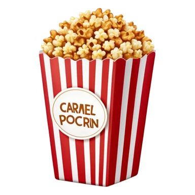 large package of caramel popcorn, red and white vertically striped package with thick stripes, golden brown caramel popcorn visible at the top, no text or labels on package, only stripe pattern, authentic Apple emoji style with glossy finish, prominent package size sticker