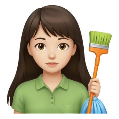 girl brunette with bangs long hair cleaning light green shirt sticker