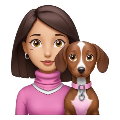 a brunette girl, olive skin, hazel eyes, pink top, neck brace on her neck, piebald dachshund next to her sticker