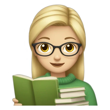 Blond hear Girl wearing a green sweater working with books and a gray tabby cat sticker