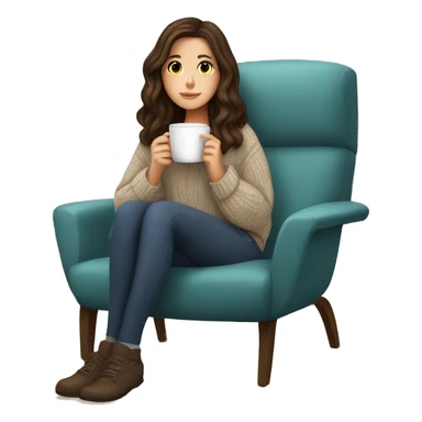 Brunette white girl autumn vibe wearing sweater sitting on a cozy chair holding coffee sticker