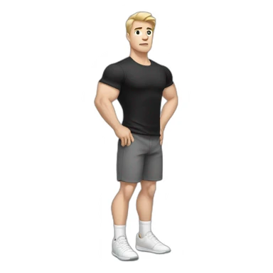 Confused Pale skinned Fit Man With the biceps and dark brown hair in black shirt, gray sports shorts and white Sneakers sticker