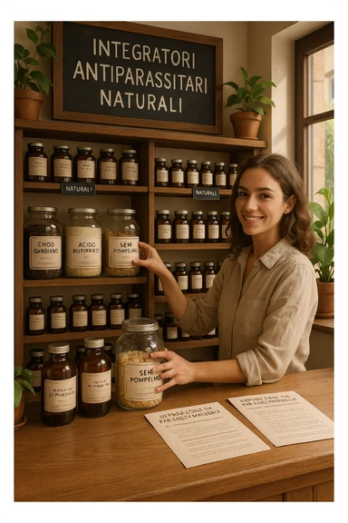 A realistic, well-lit herbal supplement store interior with wooden shelves neatly displaying glass jars and bottles labeled as ‘Chiodi di Garofano’, ‘Acido Butirrico’, and ‘Semi di Pompelmo’, organized in a clean and aesthetic manner. Small handwritten chalkboard signs indicate ‘Natural Antiparasitic Supplements’ above the section. The environment feels warm and trustworthy, with potted green plants adding freshness and a subtle sunlight entering through a window. A young shop assistant with a welcoming smile arranges the products, while informational leaflets about natural parasite cleansing are visible on a wooden counter, creating a holistic and health-conscious atmosphere in Italiano sticker