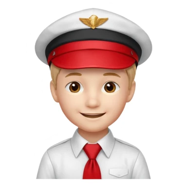 A Soviet pioneer emoji — smiling young boy wearing a white shirt with a bright red pioneer necktie and a classic red pilotka cap. The pilotka cap should fit closely to the head, without brims or side flaps, slightly folded at the top. not a cowboy hat. Flat, smooth 3D shading sticker