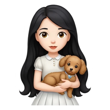 beautiful girl with long straight black hair wearing a white skirt holding a small brown curly teddy dog sticker