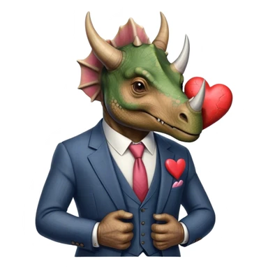 old triceratops in a suit holding a big heart sticker