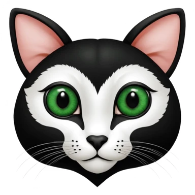 Haz una gata de ojos verdes la cara blanca con mancha negra en las orejas que agarra parte de la frente del lado der pero del iz va desde el ojo hasta la oreja la mancha, tiene la nariz negra en forma de corazón y todo lo que sobra de la cara, barbilla la nariz arriba y el lado de bigotes es blanca sticker