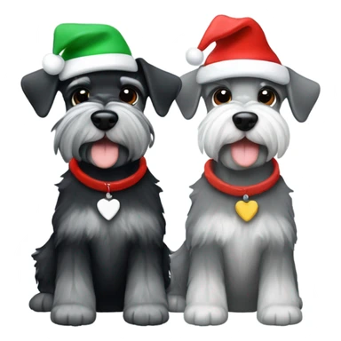 2 miniature schnauzers, 1 grey and 1 black, wearing Christmas hats with a heart sticker