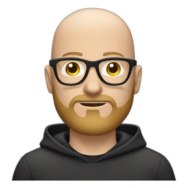 bald white man with glasses and a black beard typing on apple computer wearing a black hoodie sticker