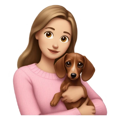 Brunette white girl with long hair in a pink sweater holds a brown and cream dachshund long haired puppy in her arms sticker