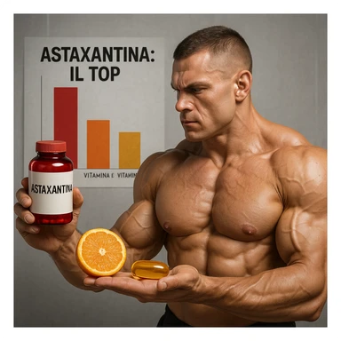 hyper realistic bodybuilder comparing Astaxantina, vitamin C and vitamin E, sculpted muscles, red bottle, orange and golden capsule, bar chart, text 'Astaxantina: il top', scientific atmosphere sticker