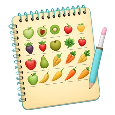 Emoji of checklist notebook with healthy food icons, nutrition planning, flat minimal emoji, pastel colors sticker