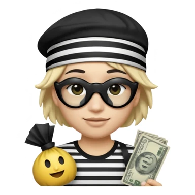Realistic ios emoji-style portrait of a classic burglar, a black eye mask and a black-and-white striped shirt. Highly detailed, natural skin texture, realistic shadows, smooth gradients, glossy reflections in the eyes. emoji-like hair, black hat, an ios emoji bag of money in a right corner  sticker