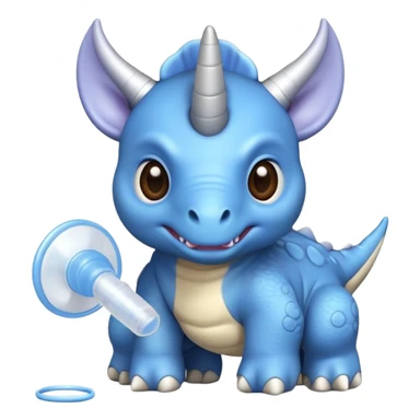 A small blue baby triceratops toy with stubby horns and a pacifier sticker