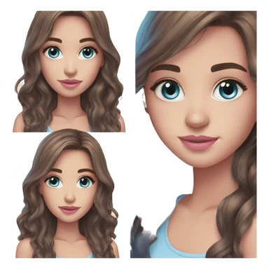 Beautiful teenage girl, long hair, brunette, Brown hair blue eyes, light pink lip color sticker