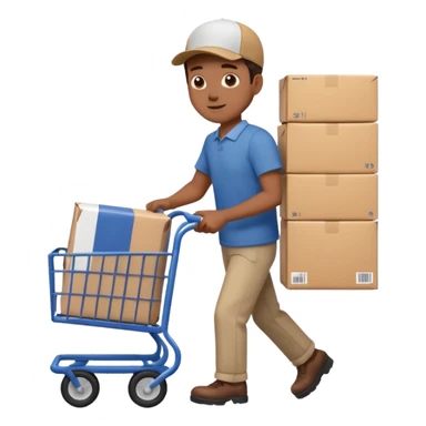 hombre llevando en un carrito un paquete de envio sticker