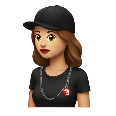 Beautiful woman wearing a black cap and black sweatshirt, big lips, brown straight hair. On the cap a small red question in an inverted triangle. There is a chain around her neck. sticker