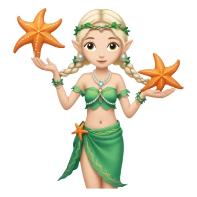 elf female Sarong with bioluminescent embroidery, armful of starfish, hair in a braid with pearl pins sticker