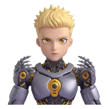 Genos from One Punch Man, android cyborg with spiky blond hair, metallic arms, intense eyes, compact and expressive, no text sticker