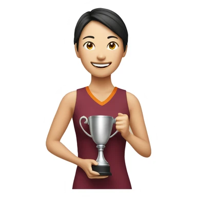 asian happy woman with champion cup sticker