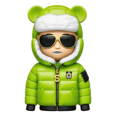 authentic cubic bearbrick figure with block head, wearing lime green balaclava with integrated black visor lens at eye area, oversized Supreme logo puffer jacket with large fur collar and fur trim, gold chains sticker