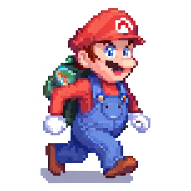 Mario running, pixel art style, red hat, blue overalls, dynamic movement sticker