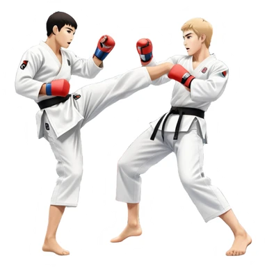 Two taekwondo fighters in traditional white doboks with black belts. One delivers a powerful kick, while the other defends by blocking with his knee. The background shows a professional arena with bright lights and an excited crowd. Transparent background highlights the intense action sticker