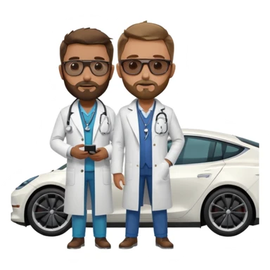 White tesla model 3 and one cool physician with dark blond hair, beard, stetoscope and dark sunglasses next to it sticker
