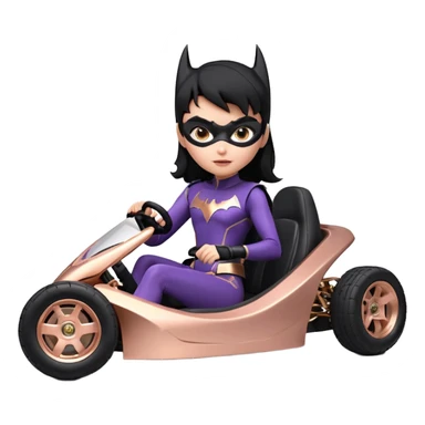 Hot full size real-appearance enclosed electric racing action BatGirl’s feminine midnight-colored tight outfit sixty’s tv show 1992 dark stealthy sporty safe plush petite off-road pursuit cruiser car rose gold accents (black hair,reclined and relaxed torso and shoulders seating position) go kart  sticker