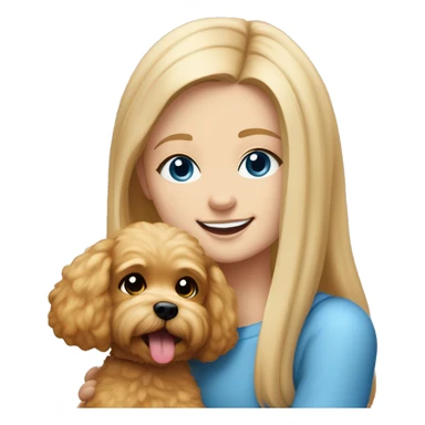 Blonde girl with very long straight hair and blue eyes is hugging a small caramel maltipoo and the dog is smiling  sticker