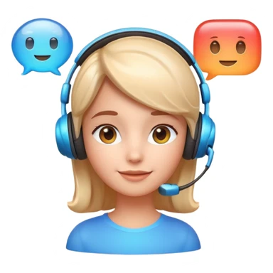 friendly face with headset, chat bubble beside, 3D rounded look, glossy finish, soft shadow, helpful expression, Apple lighting and gradients sticker
