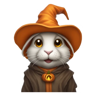 portrait of a rabbit wizard, with an orange hat and jackolantern sticker