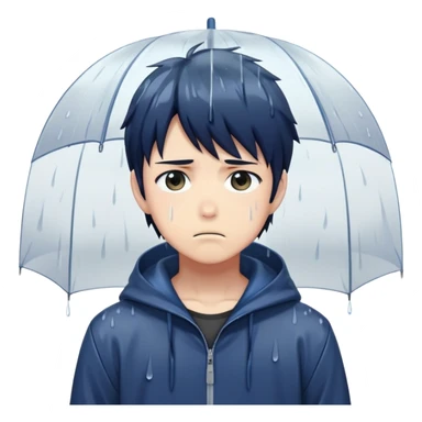 Anime character boy with sad expression standing in the rain, anime art style sticker