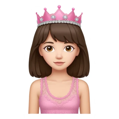 super long haired brunette with middle part curtain bangs cute pink lacy tank with a pink tiara on head, white but with a little bit of tan sticker
