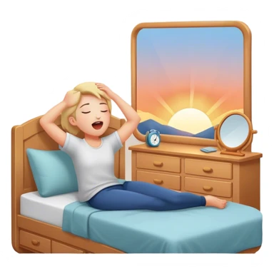 A person stands beside their bed, rolling out groggily with determination. The bed behind them is neatly made, a mirror in front of them . A glowing sunrise outside signals the start of a productive day. sticker