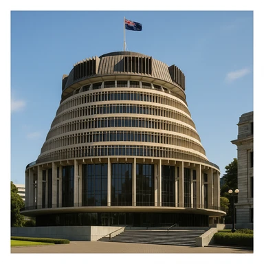 the Beehive Parliament building in Wellington, New Zealand, iconic cylindrical modernist architecture, recognizable silhouette, no text sticker