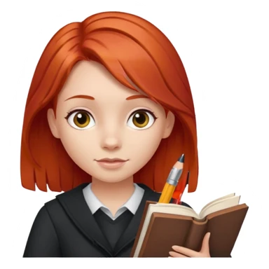 Girl with red hair around 8 with book and pen sticker
