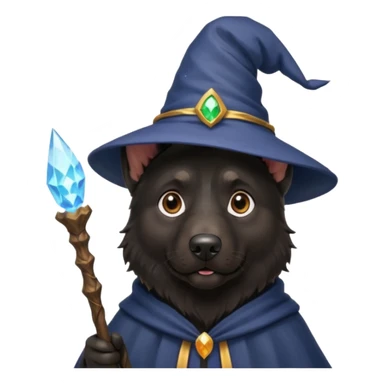all black german shepherd face wearing a wizard hat and staff and magic emmiting from him sticker