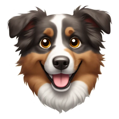 Australian Shepherd with a combination of gray, black, and brown fur, expressive brown eyes, and a big, happy smile. Its ears are fluffy, slightly perked, and it is wearing a red tag on its collar. sticker