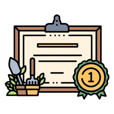 Certificate with gardening tools and plant award sticker